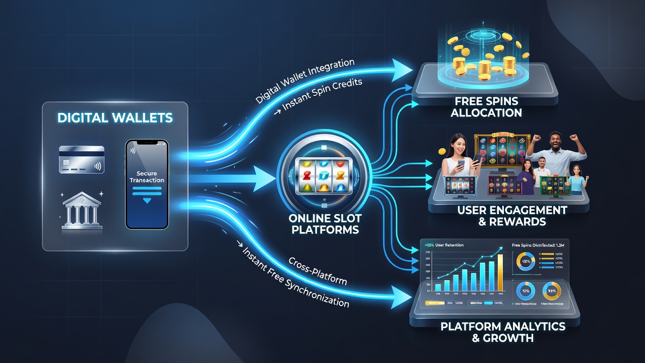 Online slot game screen displaying free spins credited via digital wallet deposit